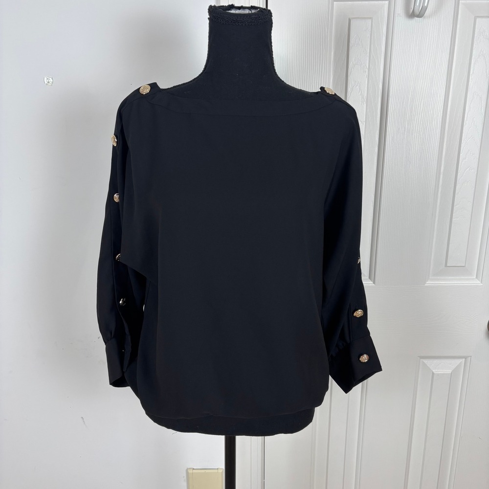 New‎ York & Co Black Blouse Gold Button Dolman Sleeve Boat Neck Top Womens M